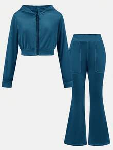 SHEIN Tween Girl Velvet Hoodie & Sweatpants Set, Casual Sportswear - Teal Blue - View 4
