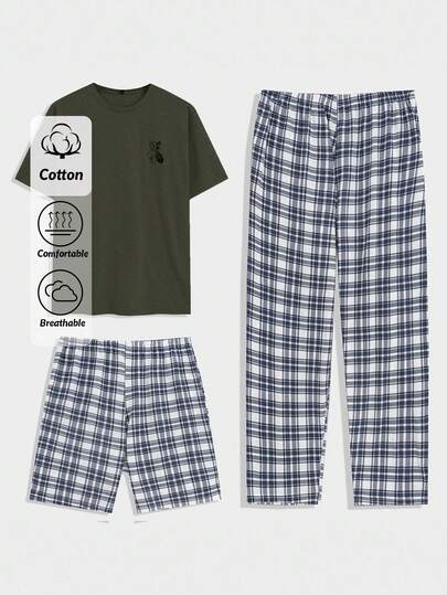 EURMUSE Conjunto de pijama de 3 piezas para hombre con camiseta de bolsillo a cuadros, pantalones cortos y pantalones