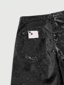 ROMWE MEN Street Life 男士PU纹理阔腿宽松休闲短裤 - 黑色 - 查看 12