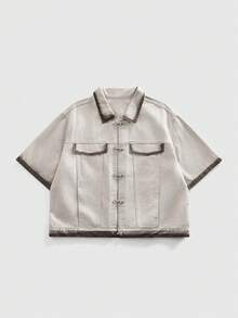 ROMWE MEN Grunge Punk Men's Spray-Dyed Brown Casual Denim Shirt With Metal Buttons - Brown - View 9