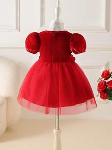 Glamorique Kids 女婴圆领短泡泡袖花卉装饰网纱下摆优雅派对连衣裙 - 紅色 - 查看 2