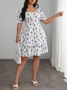 Elenzga Plus Size Boho Floral Print Square Neck Short Sleeve A Line Mini Dress For Summer - Grey - View 7