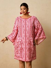 Travachic Đầm maxi cỡ lớn dành cho nữ, họa tiết hoa sọc đỏ, tay lửng, đầm mùa xuân, đầm ngắn cỡ lớn cổ tròn, đầm buộc dây hở lưng, đầm khoác ngoài. - Nhiều màu - Xem 1