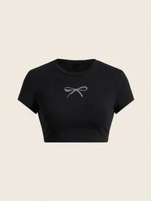 SHEIN EZwear 3件套蝴蝶结樱桃印花圆领短袖修身露脐女式T恤，适合夏季穿着 - 彩色 - 查看 6