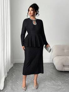 SHEIN Elenzya 大码女式优雅亮片针织水滴领亮片水钻荷叶边腰部修身长裙 - 黑色 - 查看 5