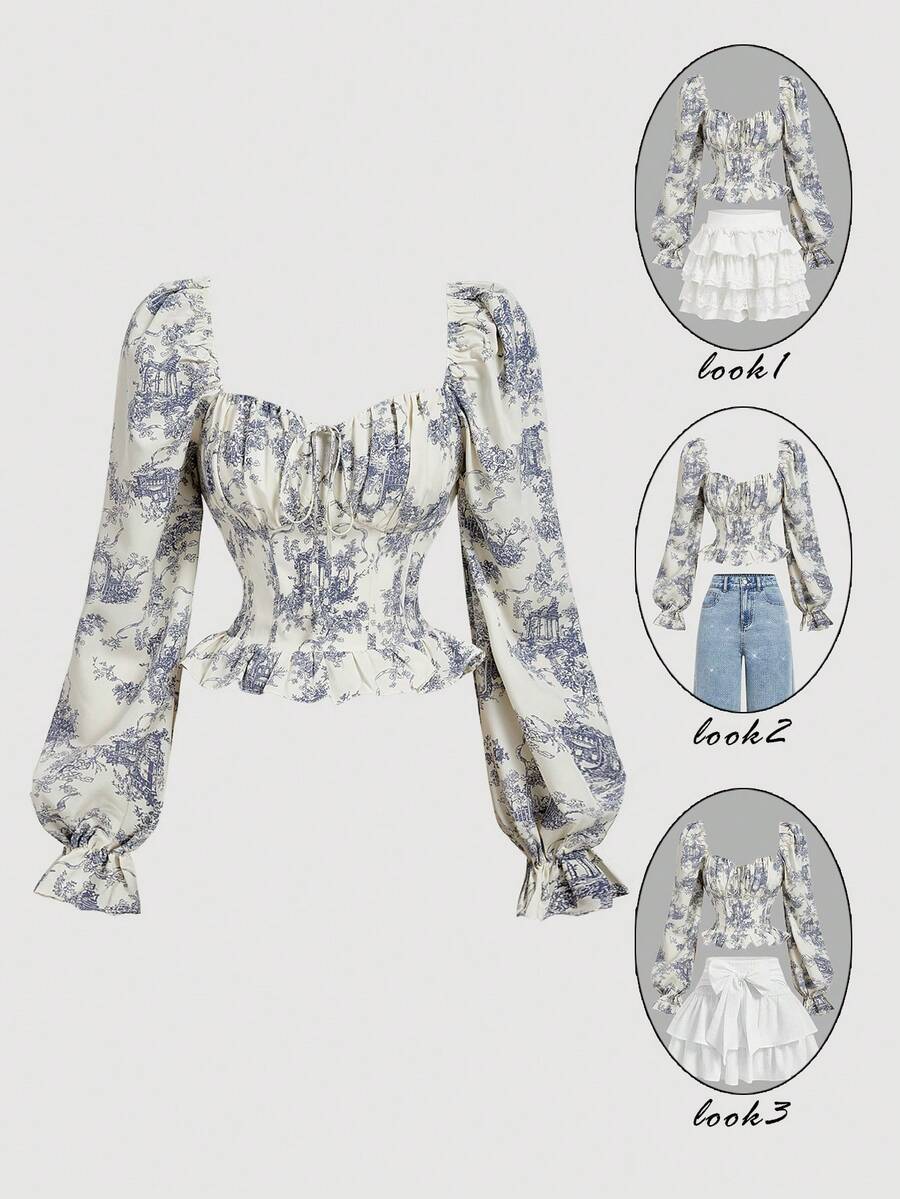 SHEIN MOD Áo cánh tay đèn lồng cổ vuông in hoa trắng xanh có bèo nhún – Phong cách sứ xanh trắng quyến rũ cổ điển cho trang phục hẹn hò, tiệc tùng, vũ hội, lễ hội và sinh nhật - Nhiều màu - Xem 1