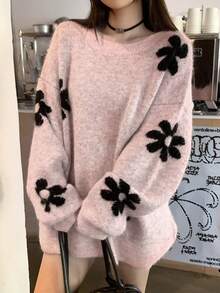 DAZY Women's Floral All-Over Print Loose Fit Crew Neck Casual Sweater - Pink - View 6