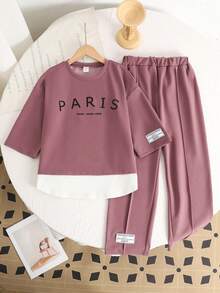 SHEIN Bộ đồ 2 món dành cho bé gái tuổi teen: Áo thun cổ tròn màu tím, dáng rộng, phối màu tương phản, in chữ tiếng Anh và nhãn dệt, tay lỡ 3/4, ống rộng, phong cách tối giản thường ngày kiểu học sinh. - Màu tím - Xem 4