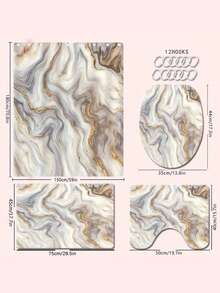 四件套大理石纹印花浴帘套装，带挂钩，白色/灰色主题，涤纶防水浴室装饰，易于清洁，时尚百搭，可作窗帘、遮阳帘、浴帘，可机洗，浴室配件 - 彩色 - 查看 4