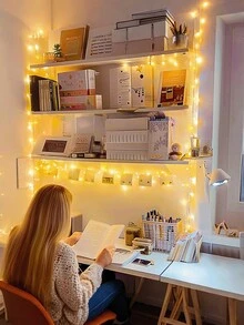 1.5米/5米/10米暖白光电池供电串灯，59.06英寸/196.85英寸/393.7英寸，10/50/100颗闪亮LED灯条，室内暖色调，室外闪烁星光串灯，适用于家居卧室、婚礼派对DIY、节日庭院装饰，营造暖白氛围 - 黃白色 - 查看 4