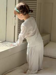 Dazy Kids 2件套女婴纯色圆领长袖T恤和裤子家居服套装，幼儿女童服装 - 白色 - 查看 2