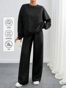 EURMUSE Set da casa in due pezzi con decorazioni in perle per donne - Felpa oversize e pantaloni a gamba ampia, tuta comoda, completo casual con tasche laterali, outfit morbido e confortevole per la casa - nero - Visualizzare 1