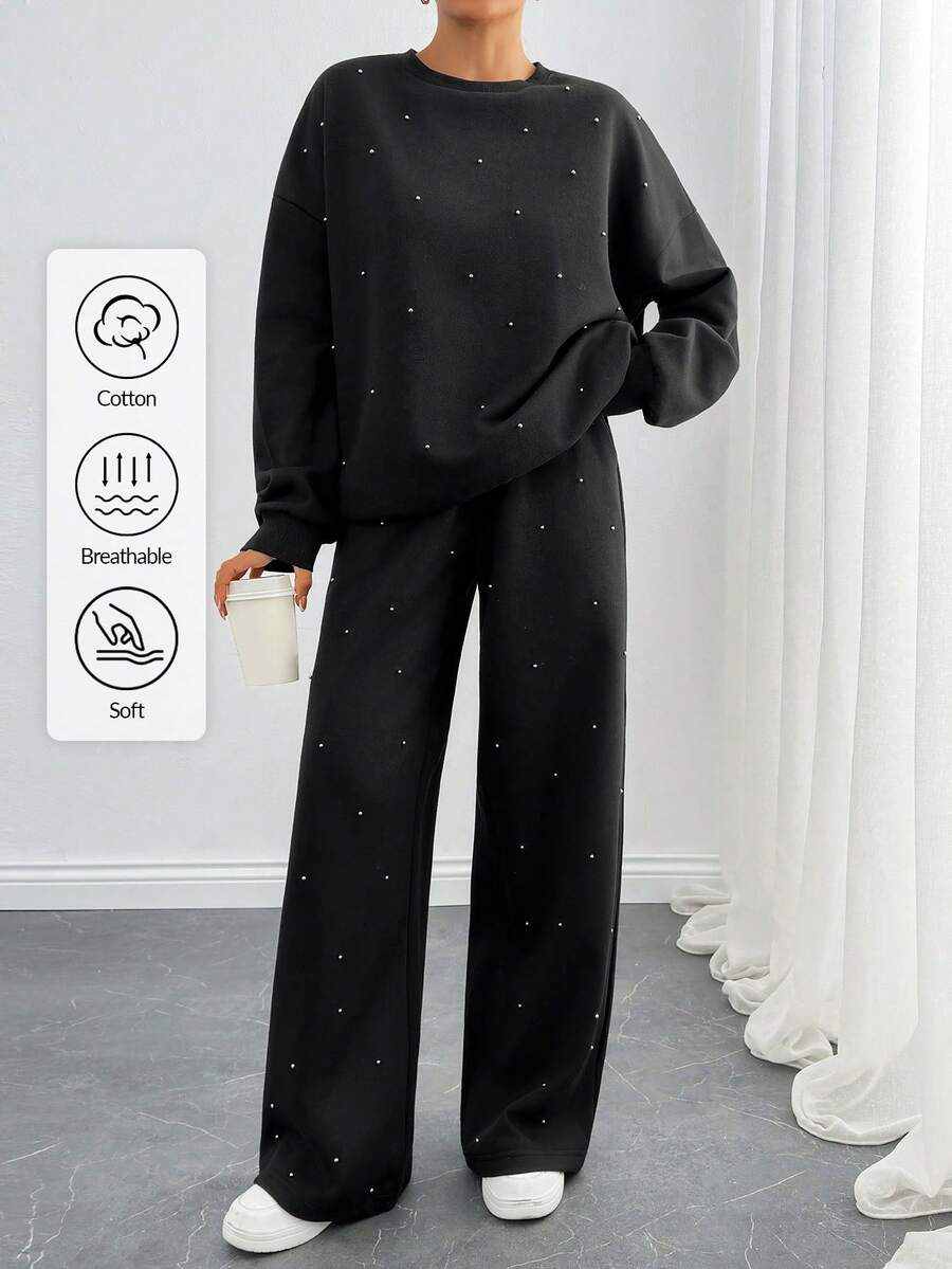 EURMUSE Set da casa in due pezzi con decorazioni in perle per donne - Felpa oversize e pantaloni a gamba ampia, tuta comoda, completo casual con tasche laterali, outfit morbido e confortevole per la casa - nero - Visualizzare 1