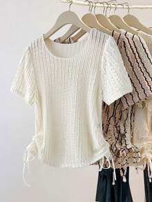 Modelyn Camiseta de manga corta casual de cuello redondo con textura, fruncida y con lazo delantero para vacaciones - Albaricoque - Ver 1