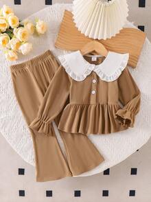 Elladie kids Young Girls Sweet Cute Peter Pan Collar Round Neck Long Sleeve Top Paired With Flared Pants Casual Minimalist Khaki T-Shirt Set Girls Brown Outfit Girls Light Brown Outfit Little Girl Autumn Suit Girls Fall Uniform Clothes - Brown - View 8