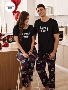 CoupledUp Conjunto de pijama de 2 piezas para hombre con pantalón a cuadros y estampado de elementos del Día de San Valentín (letra y corazón), de manga corta - Negro - Ver 6