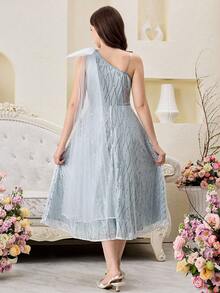 SHEIN Pitira Đầm maxi dáng chữ A bất đối xứng, eo xếp ly, thêu hoa thanh lịch dành cho thiếu nữ. - màu xanh lá - Xem 2
