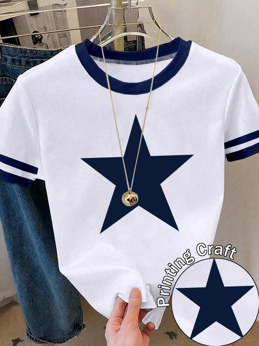 Resyla Camiseta de mujer de cuello redondo con estampado de estrella y ribete de contraste de manga corta - Multicolor - Ver 1