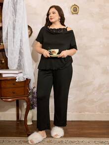 Côtesoire Mono corto de seda de leche con volantes, cuello colgante sexy de encaje y hombros descubiertos para mujer de talla grande, conjunto minimalista sensual de ropa interior y exterior de 2 piezas - Negro - Ver 2