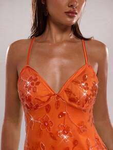 SHEIN BAE Áo kiểu không tay đính cườm họa tiết hoa thanh lịch dành cho nữ, mùa hè. - trái cam - Xem 4