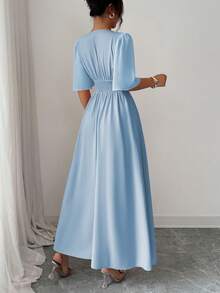 Elenzga New Women's Collared Waist Pleated Chiffon Patchwork Ruffle Sleeve Design Casual Vacation Everyday Elegant Dress - Baby Blue - View 2