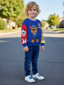 SHEIN | PAW Patrol Young Boy Casual Cartoon Dog Print Crew Neck Loose Contrast Color Patchwork Knit Outdoor Sweatshirt - Royal Blue - View 8
