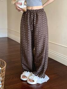 DAZY Striped & Floral All-Over Print Contrast Ruffle Trim Loose Women Pajama Bottoms - Coffee Brown - View 8