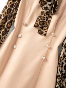 SHEIN Clasi Plus Size Solid Color Patchwork Chiffon Leopard Print Decorative Button Long Sleeve Elegant Business Casual Dress, Autumn/Winter - Multicolor - View 6