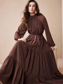 Arave Women's Solid Color Stand Collar Ruched Waist Tie Design Long Sleeve Fashionable Party & Holiday Cake Hem Dress New Year - Brown - View 1