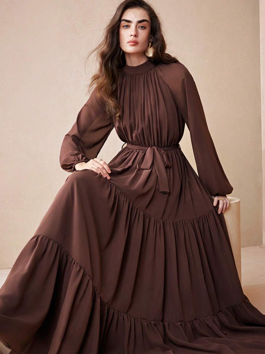 Arave Women's Solid Color Stand Collar Ruched Waist Tie Design Long Sleeve Fashionable Party & Holiday Cake Hem Dress New Year - Brown - View 1