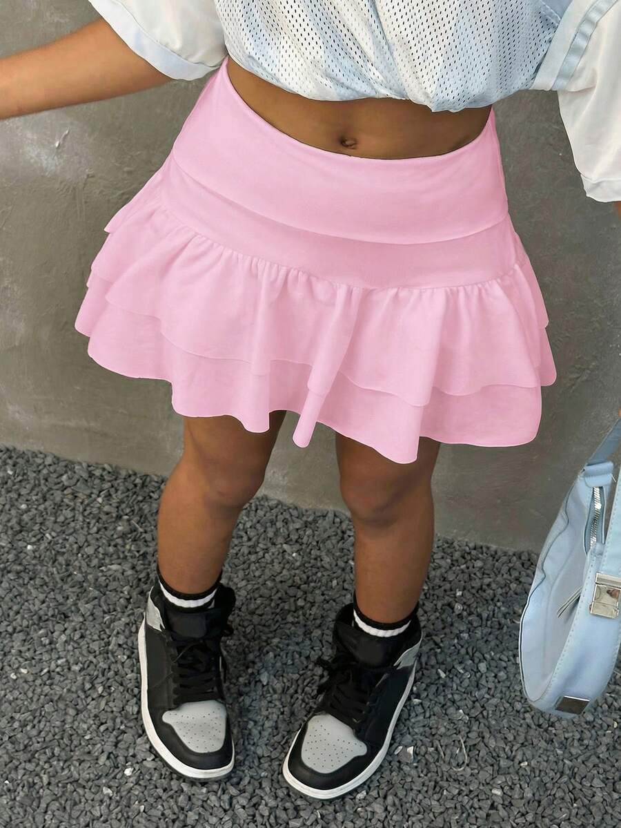 Coolane Kids 少女夏季街头风 Y2K 热带度假风天鹅绒可爱荷叶边层叠迷你裙 - 粉色 - 查看 1