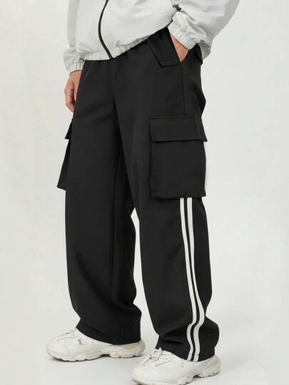 SHEIN 青少年男童度假学院风侧袋直筒宽松运动裤，适合秋冬季休闲、户外、上学穿着