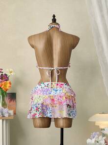 Swim Mod 3pcs Women's Summer Ditsy Floral Patchwork Triangle Top & Ruched Drawstring Skirt Swimwear Set - Multicolor - View 2