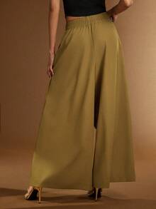 Hauture Pantaloni damă cu talie elastică, model minimalist simplu și croială lată, super drăguță - Kaki - Vizualizare 5