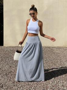 DAZY Falda larga casual plisada a rayas para mujer, versátil para vacaciones de verano