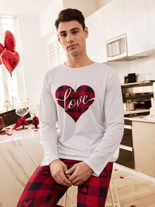 CoupledUp 男士两件套心形格子睡衣套装，情侣家居服 - 彩色 - 查看 6