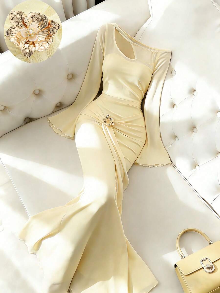 Modelyn Cream-Colored Asymmetric-Shoulder Hollow-Out Mesh Dress - Butter Yellow - View 1