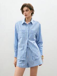 ATUI Studio One Of A Set Women's Summer Stripe Print Cargo Shirt,Summer Tops, Shorts Not Included - Multicolor - View 6