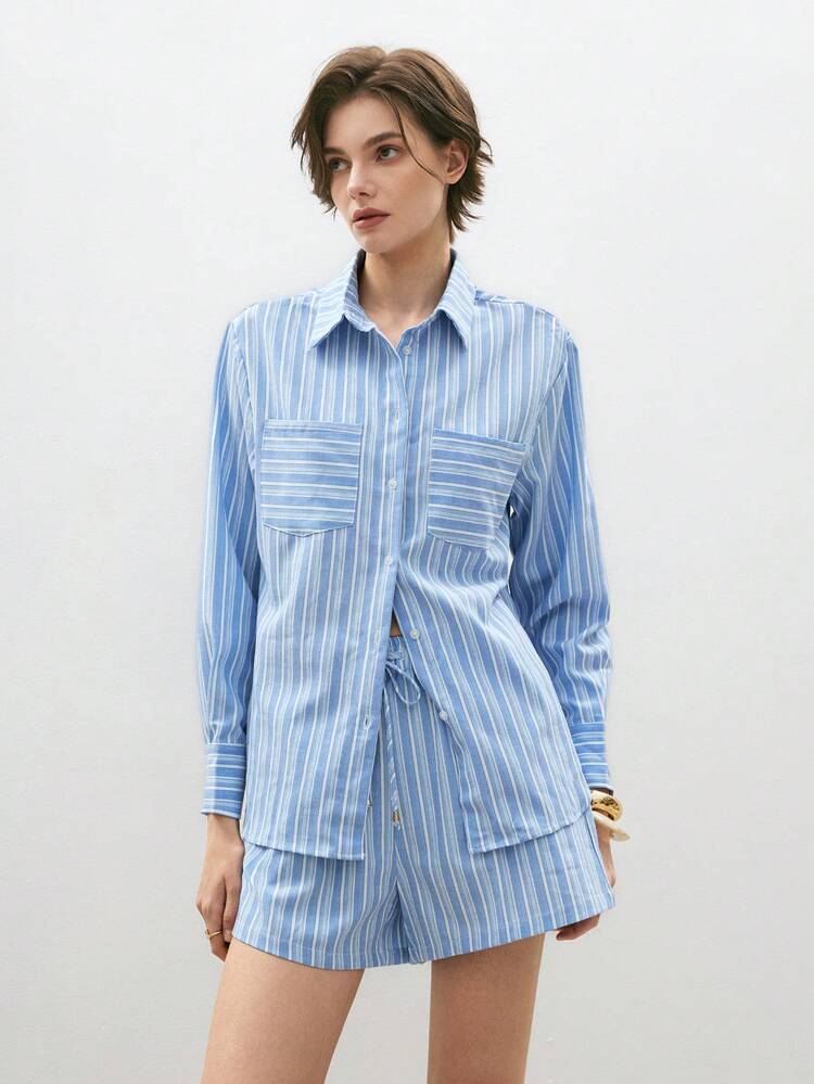 One Of A Set Women's Summer Stripe Print Cargo Shirt,Summer Tops, Shorts Not Included - Multicolor - View 5