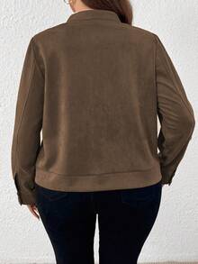 SHEIN Tall Jaqueta casual de manga longa com zíper, gola em pé, bolso no peito, solta, Plus Size, para mulheres, outono/inverno - Café - Visão 2
