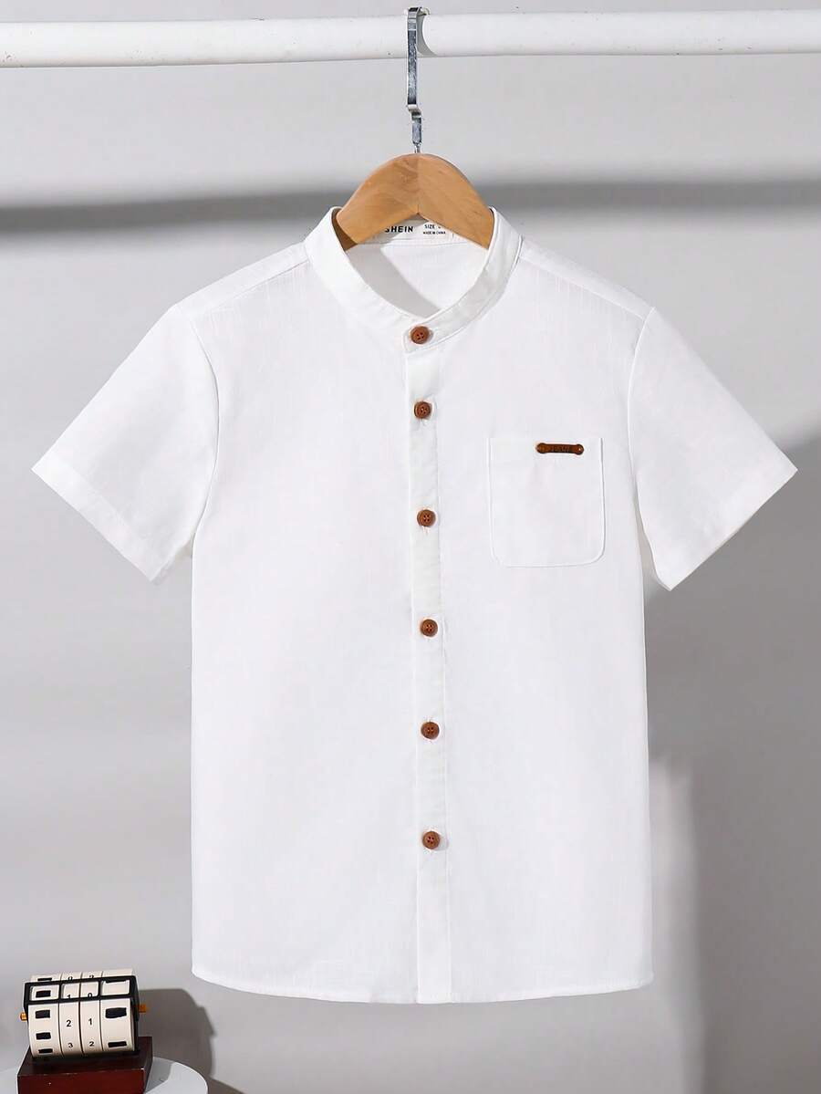 SHEIN Tween Boy Casual Loose Comfortable Short Sleeve Contrast Color Button-Up Shirt - White - View 1