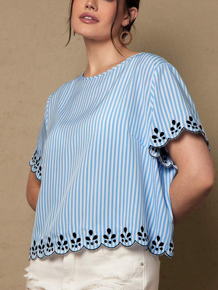 SHEIN VCAY Plus Size Women Striped Round Neck Short Sleeve Casual Loose Blouse Boho Valentines Cute Summer Tops Embroidery - Blue - View 6