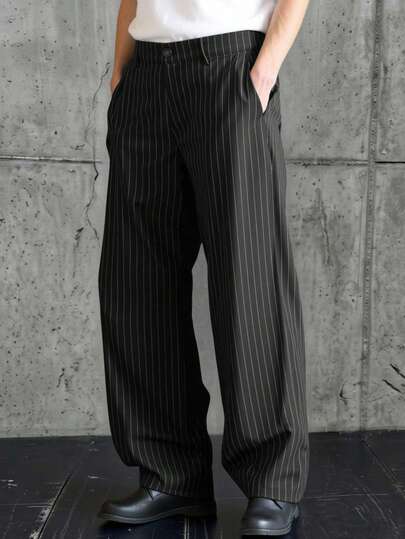 HIMLAND 男士条纹口袋阔腿宽松休闲裤