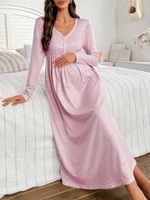 SHEIN 条纹印花纽扣V领长袖休闲孕妇连衣裙/睡裙
