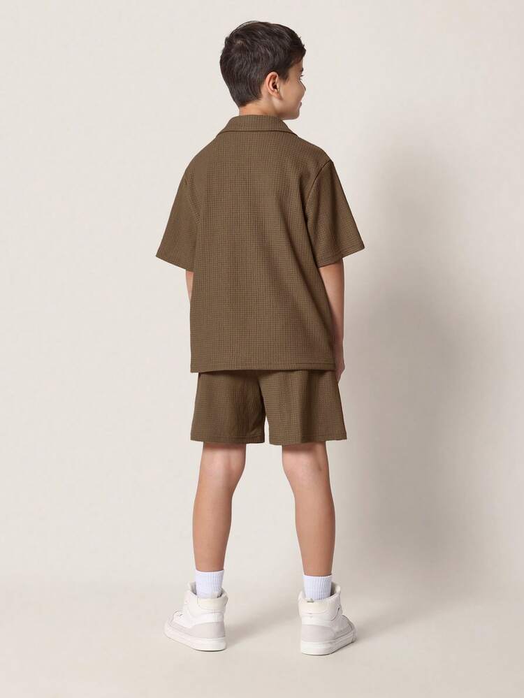 Textured Button Up Shirt And Shorts Set