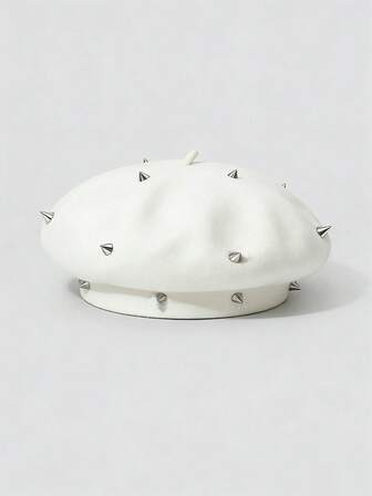 Grunge Punk 1 Stück Baskenmütze im Punk-Stil mit Nieten, warmer Wollhut für Herbst und Winter in modischem Weiß, geeignet für den täglichen Gebrauch und als Partyhut