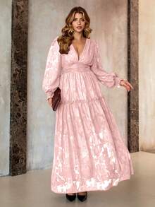 Roveilla 大码优雅法式提花V领褶皱连衣裙，派对装 - 粉色 - 查看 8