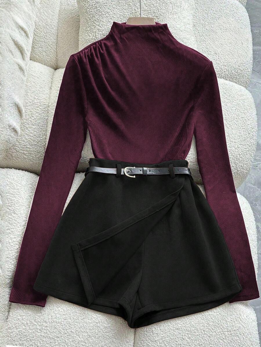 Franclia 大码女式法式休闲优雅长袖T恤和中长裙两件套 - 中紫紅色 - 查看 1