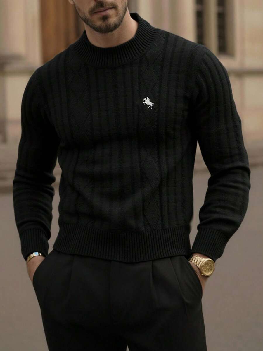 HIMLAND Standard Size Men's Autumn/Winter Knight Pattern Long Sleeve Cable Knit Sweater Men Sweater Top Mens Knitted Men Turtle Neck Jumper For Men Mens