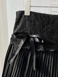 Elamini Chân váy nữ màu đen xếp ly, phối ren tương phản, thắt dây bên hông, kiểu dáng thanh lịch Y2K, gợi cảm, thích hợp cho kỳ nghỉ, dự tiệc. - màu đen - Xem 3